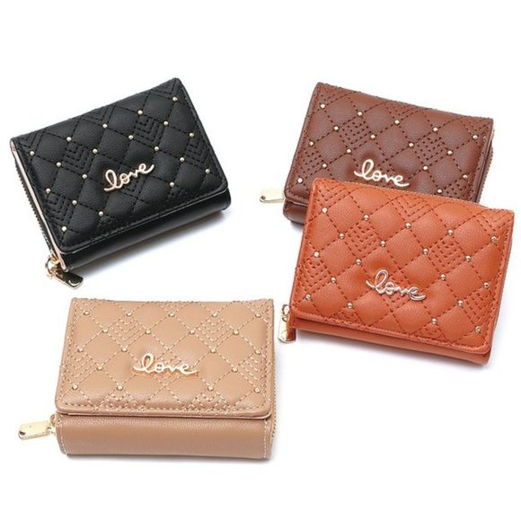 Quilted Studded Love Wallet - Light Brown- Gift Idea - Picture 2 of 5